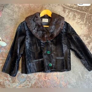 Vintage black mink fur collar and rare Broadtail lamb cropped jacket size Small.